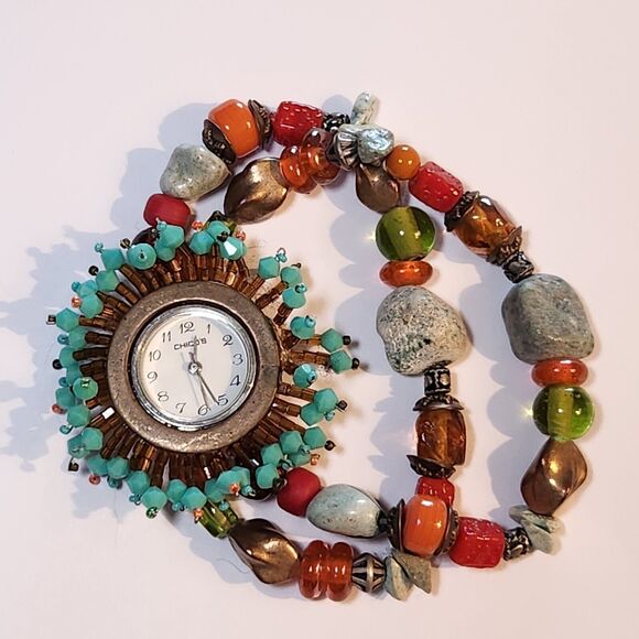 Chico's Accessories - Chico's Watch Women's Round Dial Faux Turquoise Beaded Charms 2 Band Stretch